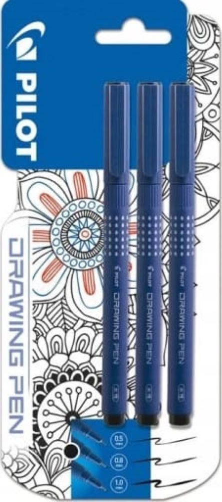 Pisak Marker PILOT do rysowania 3sztDRAWING PEN 0,1,0,3,0,5 Pisak marker PILOT Drawing Pen do rysowania, zestaw 3 sztuk o grubościach 0,1 0,3 0,5 mm, kolor granatowy