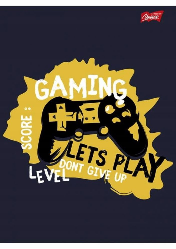 Zeszyt A5 60 kartek Unipap Gaming z żółtym nadrukiem kontrolera i napisem na granatowym tle