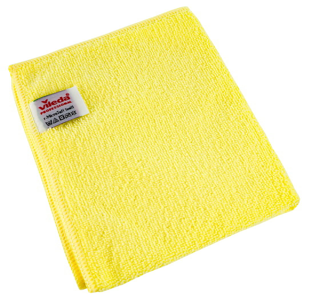 Ścierka Vileda r-Micro Tuff Swiftmikrofibra żółta Ściereczka r-Micro Tuff Swift jest pierwszą ściereczką Vileda Professional wykonaną w 100% z materiałów pochodzących z recyklingu co sprawia, że ściereczka jest przyjazna środowisku. Mikrowłókna z łatwością usuwają tłuste ślady palców i uporczywe zabru...