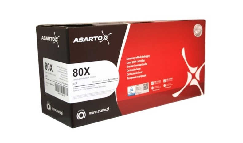Toner HP 80X ASARTO zamiennik w opakowaniu pudełkowym z czarnym i czerwonym designem
