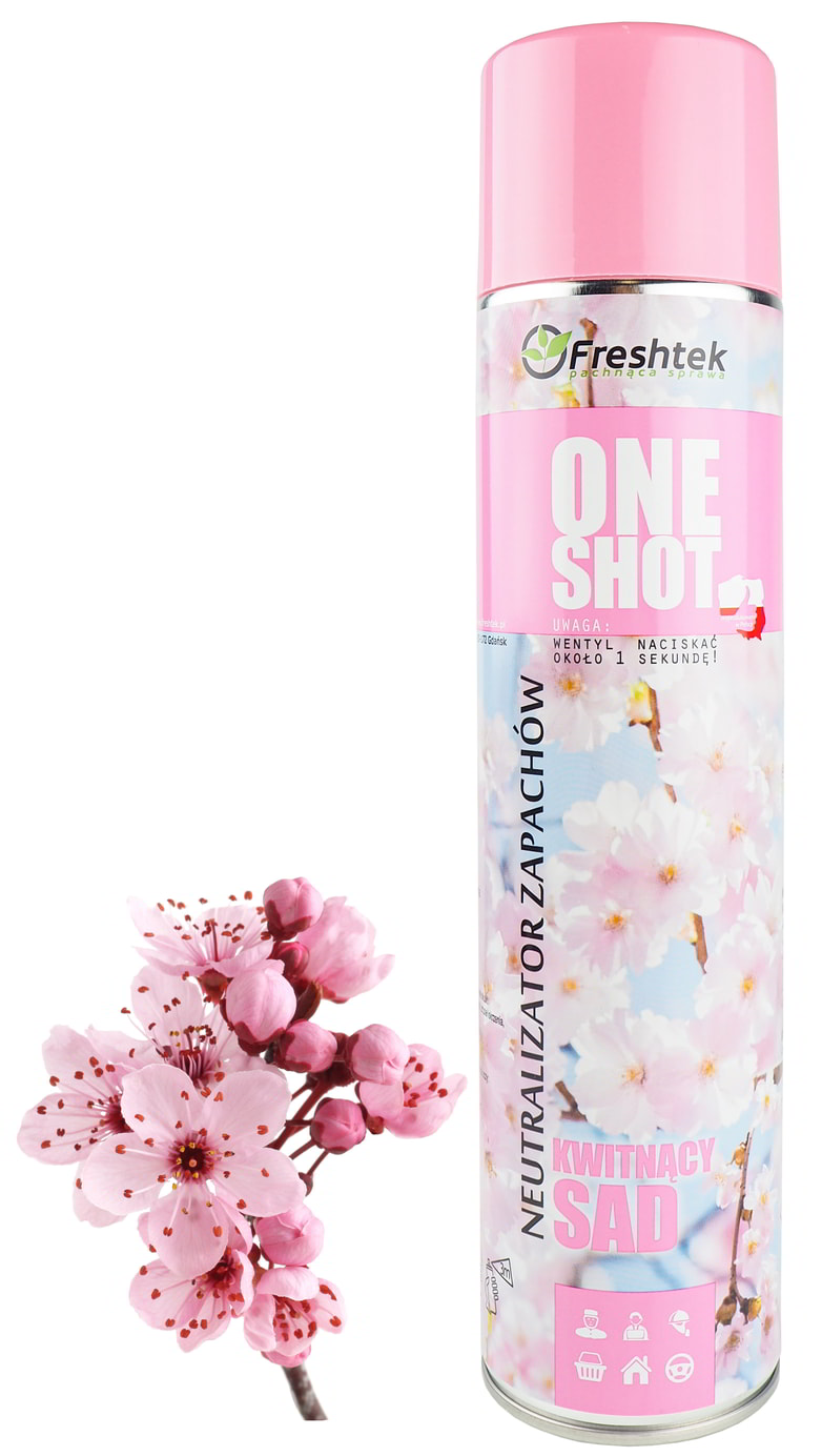 Odświeżacz FRESHTEK KWITNĄCY SAD 600ml ONE SHOT Odświeżacz FRESHTEK ONE SHOT Kwitnący Sad 600ml w aerozolu, opakowanie różowe z etykietą kwiatową na białym tle.