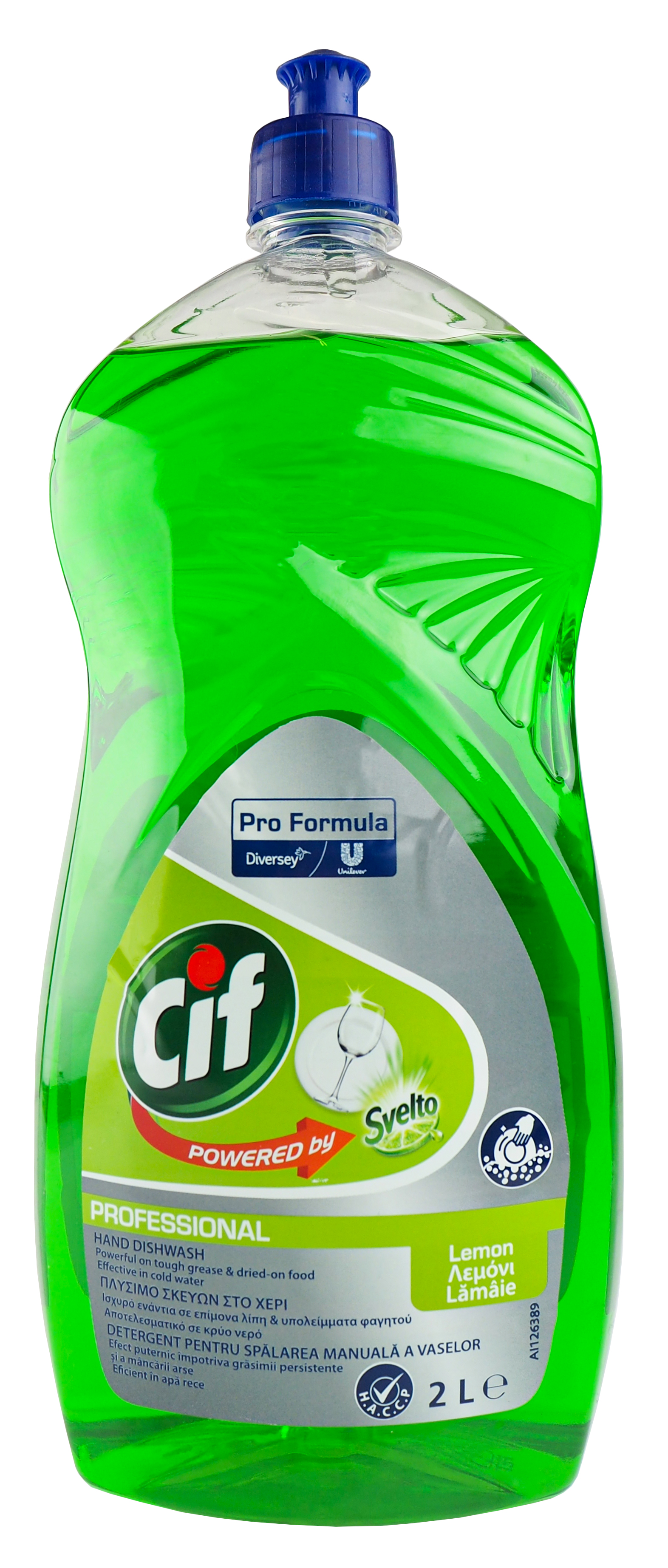 Płyn do naczyń Cif Professional Lemon 2L, zielony skoncentrowany detergent w butelce z niebieskim pompką.