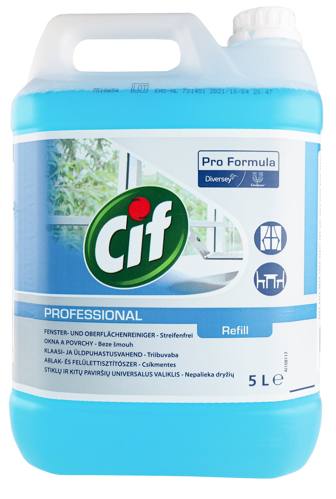 Płyn do szyb CIF Glass & Multi 5L Professional, niebieska formuła w dużym opakowaniu kanistry z uchwytem.