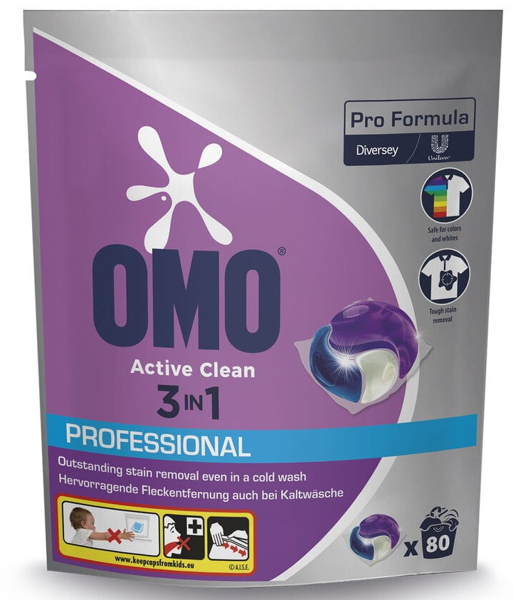 Kapsułki do prania OMO Active Clean 3w1 Professional 80 sztuk, opakowanie stojące fioletowo-niebieskie.