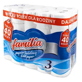 Miśki to propozycja dla dużych rodzin - produkty z przetworzonej celulozy, dobre jakościowo, a jednocześnie w bardzo przystępnej cenie.
Charakterystyka rolki:

   *Ilość warstw: 3
   *Długość nawoju: 12,8mb
   *Opakowanie: 40 rolek