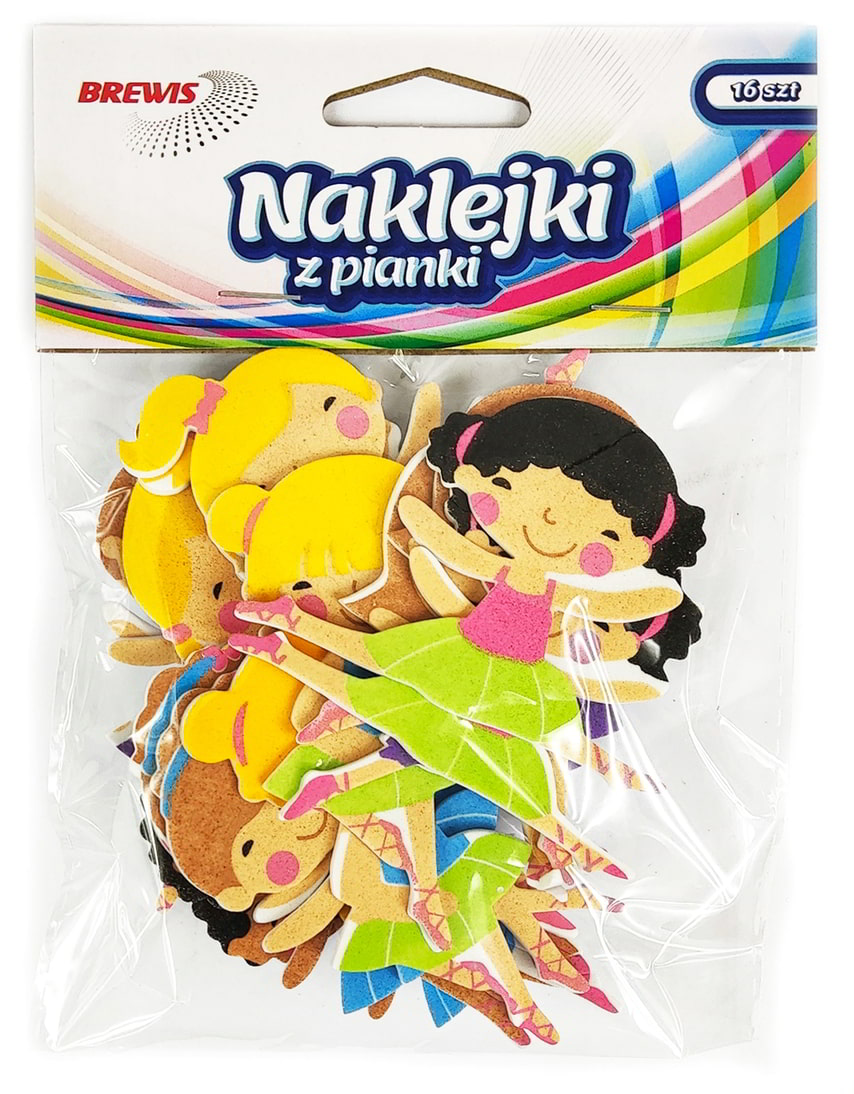 Naklejki z pianki TANIEC 16 sztuk, kolorowe postacie tańczących dziewczynek i słonika w opakowaniu PVC