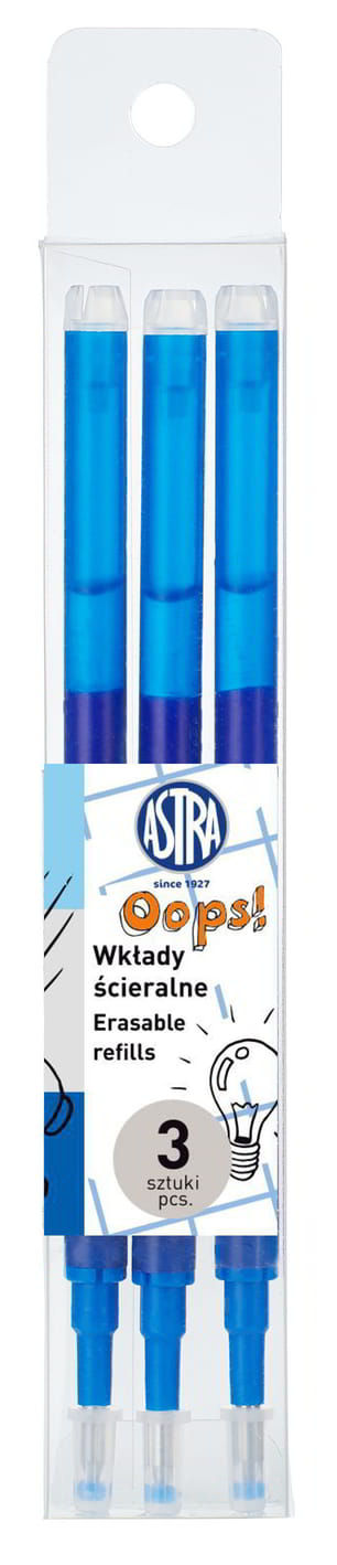 Wkład do długopisu OOPS ścieralnego posiada końcówkę o grubości 0,6mm. Pasuje do popularnych modeli długopisów wymazywalnych. Kolor tuszu: niebieski.
