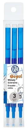 Wkład do długopisu OOPS ścieralnego posiada końcówkę o grubości 0,6mm. Pasuje do popularnych modeli długopisów wymazywalnych. Kolor tuszu: niebieski.