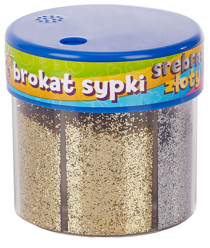 Brokat sypki ASTRA 2 kolory x 50g złoto srebrny w plastikowym pojemniku z niebieską pokrywką