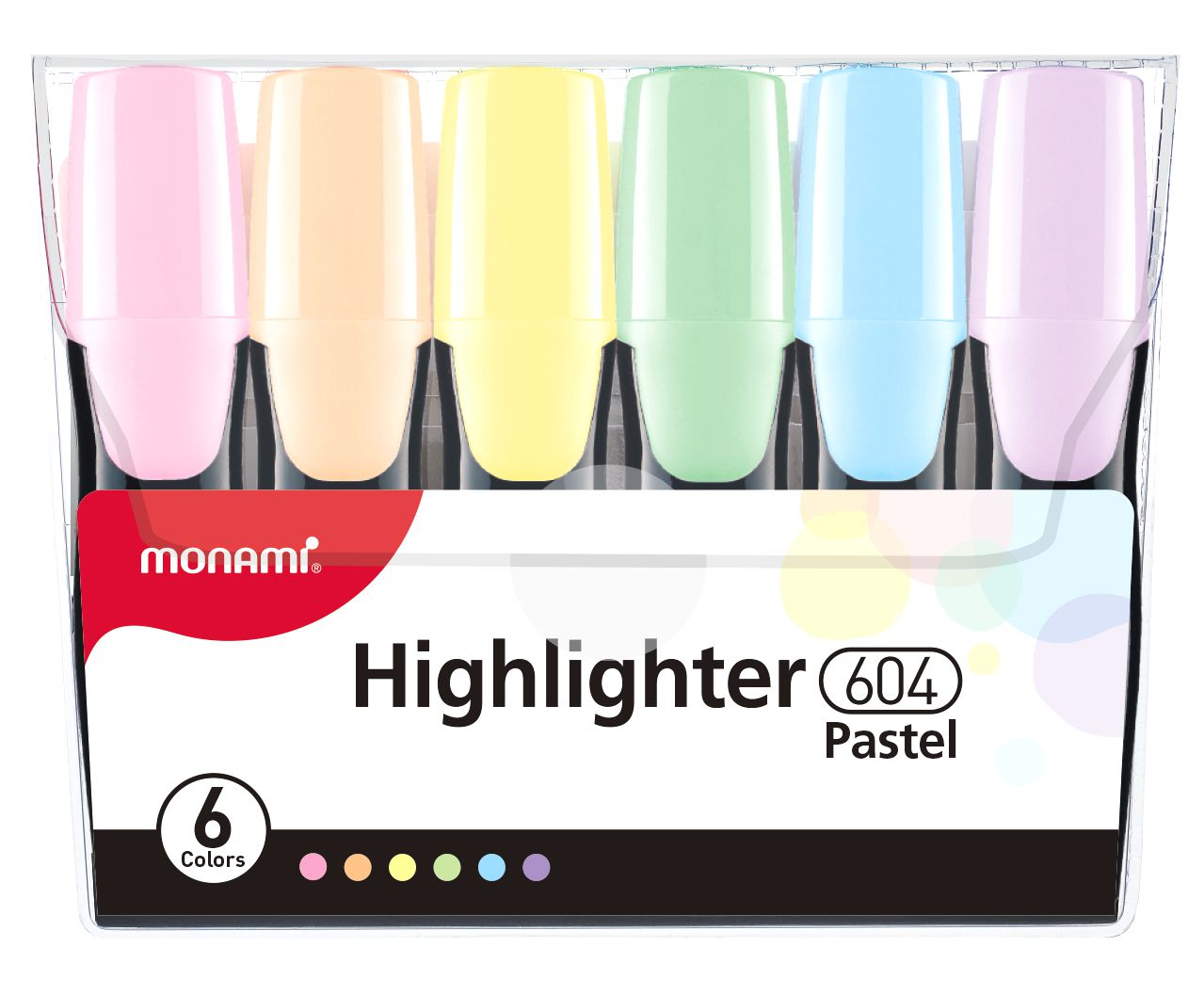 Zakreślacze 6szt MIX/ 604 MONAMIASTRA Zakreślacze Monami Highlighter 604 Pastel 6 sztuk w kolorach: różowy, pomarańczowy, żółty, zielony, błękitny i fioletowy.