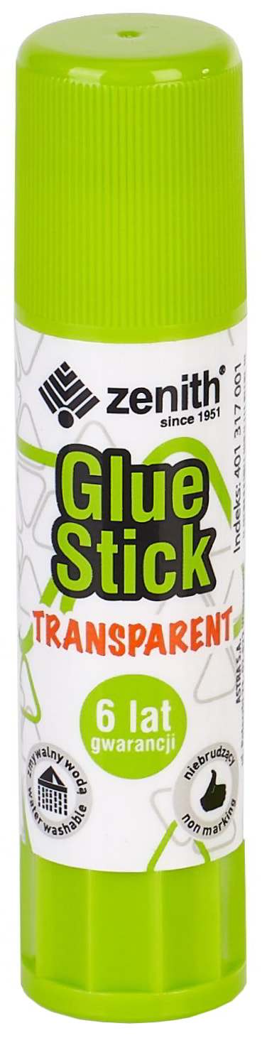 Klej w sztyfcie ZENITH Glue Stick 8g transparentny, zielone opakowanie, zmywalny.