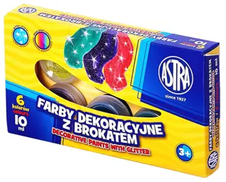 Farby plakatowe brokatowe do malowania na papierze, kartonie, drewnie, nieglazurowanej ceramice i kamieniu. Są niezwykle wydajne i cechują się soczystymi i niezwykle intensywnymi barwami. Opakowanie zawiera 6 kolorów x 10ml.

