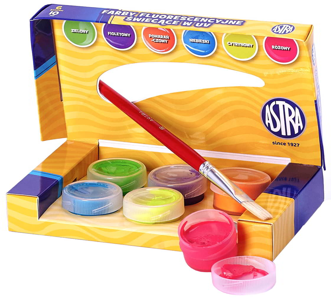 Farby Plakatowe 10ml 6 kol. FLUOASTRA Farby plakatowe fluoresencyjne do malowania na papierze, kartonie, drewnie, nieglazurowanej ceramice i kamieniu. Są niezwykle wydajne i cechują się soczystymi i niezwykle intensywnymi barwami. Opakowanie zawiera 6 kolorów x 10ml.
