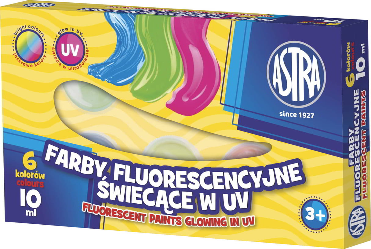 Farby Plakatowe 10ml 6 kol. FLUOASTRA Farby plakatowe fluoresencyjne do malowania na papierze, kartonie, drewnie, nieglazurowanej ceramice i kamieniu. Są niezwykle wydajne i cechują się soczystymi i niezwykle intensywnymi barwami. Opakowanie zawiera 6 kolorów x 10ml.