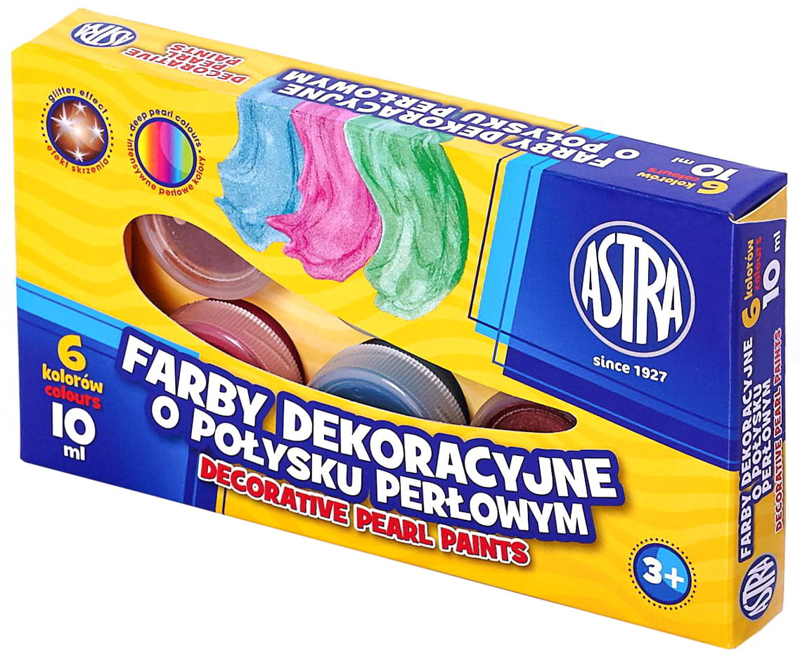 Farby Plakatowe 10ml 6 kol. PERŁAASTRA Farby plakatowe perłowe do malowania na papierze, kartonie, drewnie, nieglazurowanej ceramice i kamieniu. Są niezwykle wydajne i cechują się soczystymi i niezwykle intensywnymi barwami. Opakowanie zawiera 6 kolorów x 10ml.