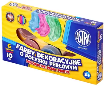 Farby Plakatowe 10ml 6 kol. PERŁAASTRA Farby plakatowe perłowe do malowania na papierze, kartonie, drewnie, nieglazurowanej ceramice i kamieniu. Są niezwykle wydajne i cechują się soczystymi i niezwykle intensywnymi barwami. Opakowanie zawiera 6 kolorów x 10ml.