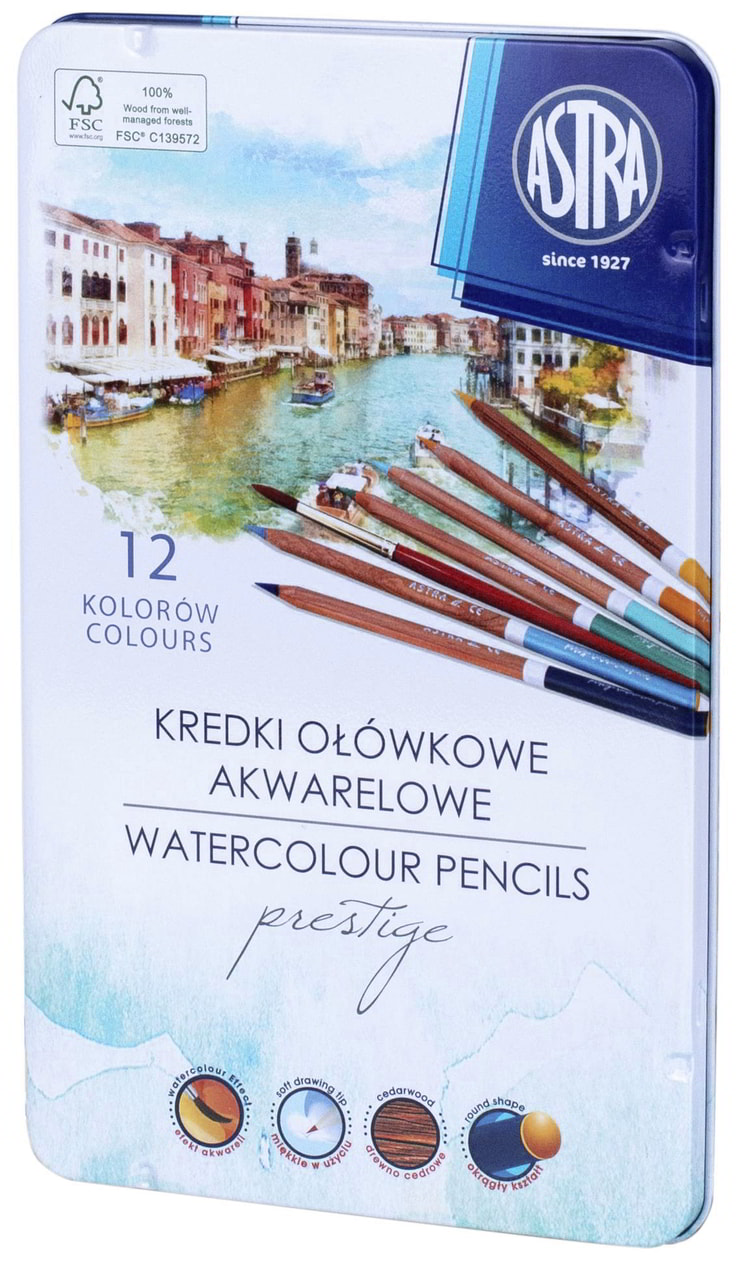 Kredki ołówkowe akwarelowe ASTRA Prestige 12 kolorów w metalowej puszce z motywem weneckim.