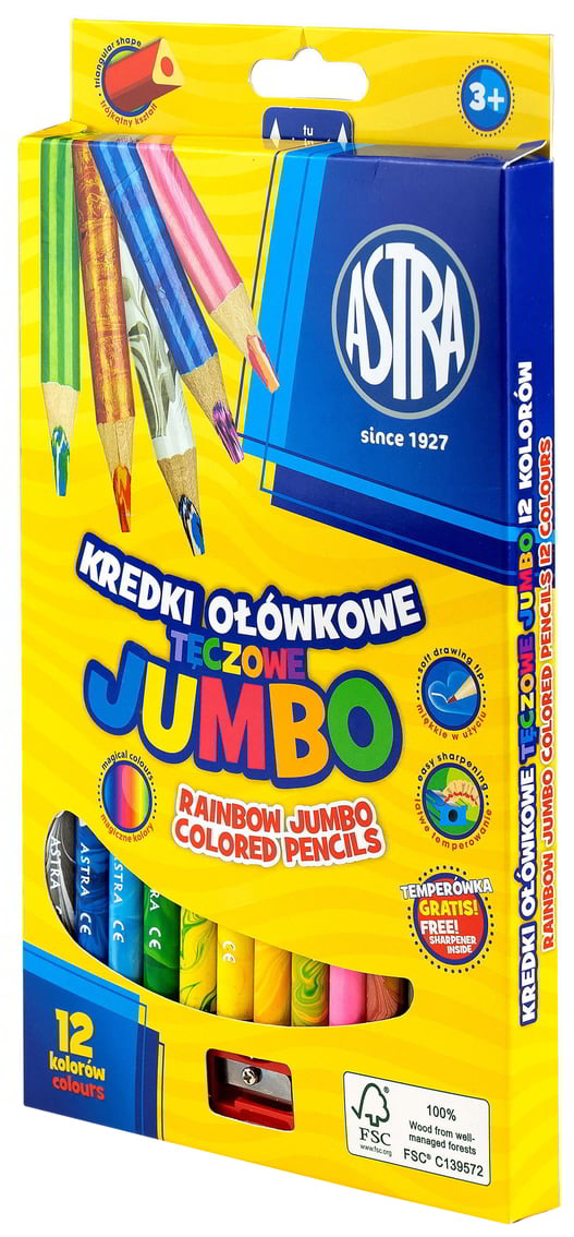 Kredki ołówkowe Astra Jumbo Tęczowe 12 kolorów z temperówką w opakowaniu.