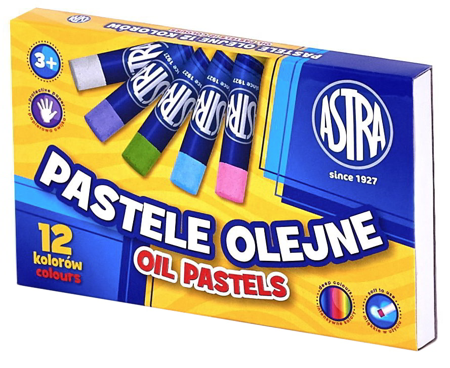 Kredki Pastele Olejne 12 kol.ASTRA Pastele olejne ASTRA 12 kolorów w opakowaniu kartonowym z wyświetlonymi kredkami.