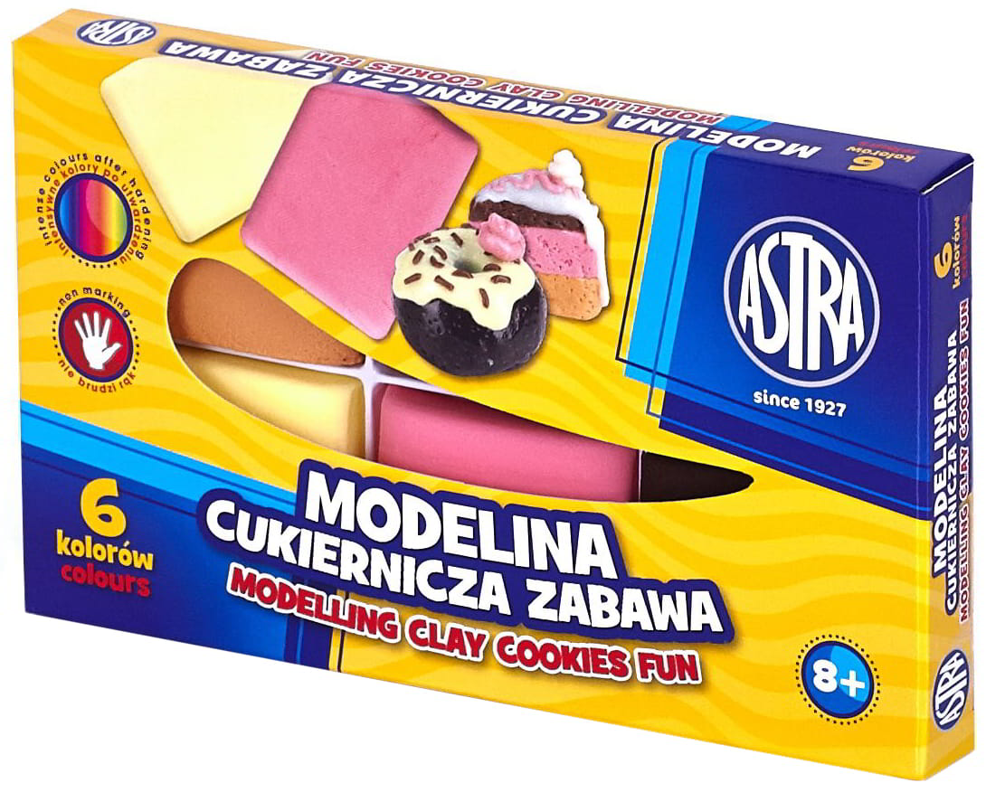 Modelina cukiernicza Zabawy ASTRA 6 kolorów z instrukcją do tworzenia słodyczy i ciasteczek.