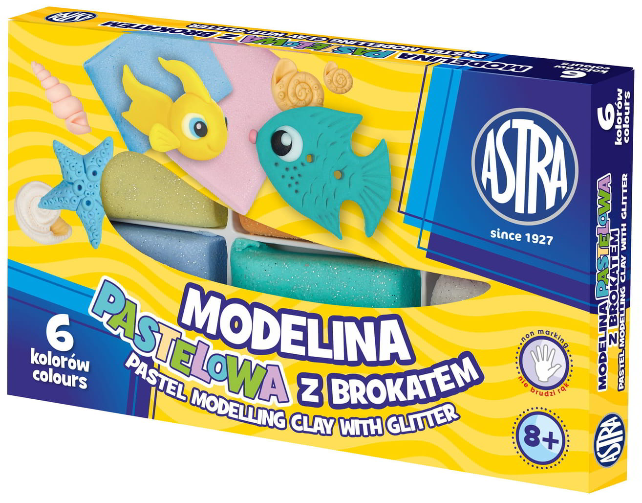 Modelina ASTRA 6 kolorów pastelowych z brokatem, zestaw do modelowania z błyszczącym efektem.