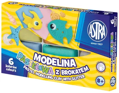 Modelina ASTRA 6 kolorów pastelowych z brokatem, zestaw do modelowania z błyszczącym efektem.