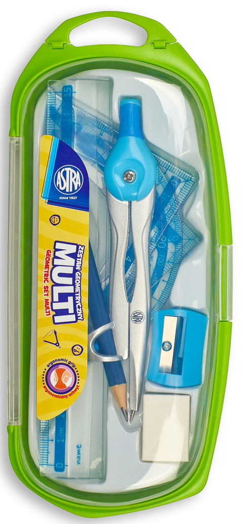 Zestaw Geometryczny 8 elem.MULTIASTRA Zestaw geometryczny składa się z 8 elementów zawierających: metalowy cyrkiel z ergonomicznym uchwytem, ołówek, linijka 15cm, dwie ekierki, kątomierz, temperówka, gumka.