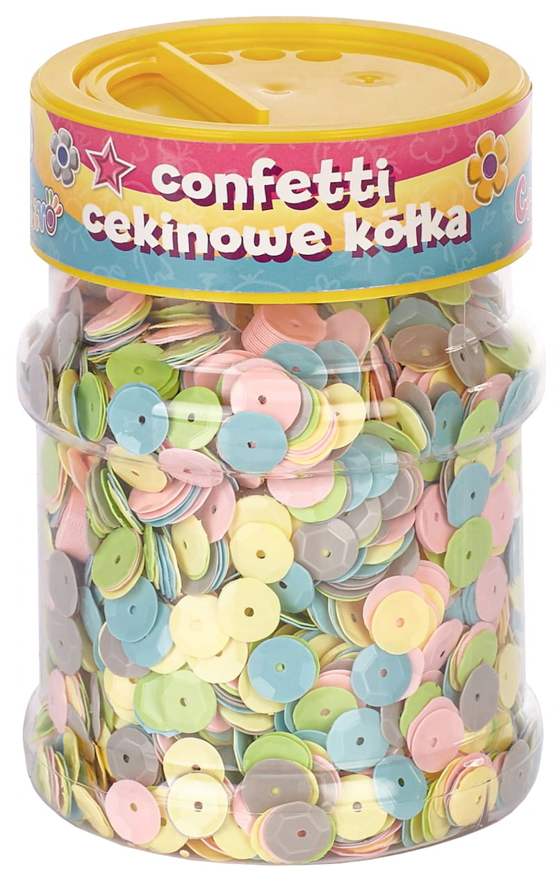 Cekiny kółka mix pastelowe 100g w przezroczystym słoiku z żółtą pokrywką i łyżeczką
