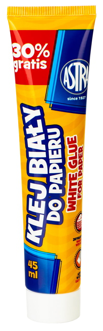 Wysokiej jakości klej o konsystencji pasty nadaje się do klejenia papieru i cienkiej tektury. Jest łatwo zmywalny i nie pozostawia zabrudzeń.