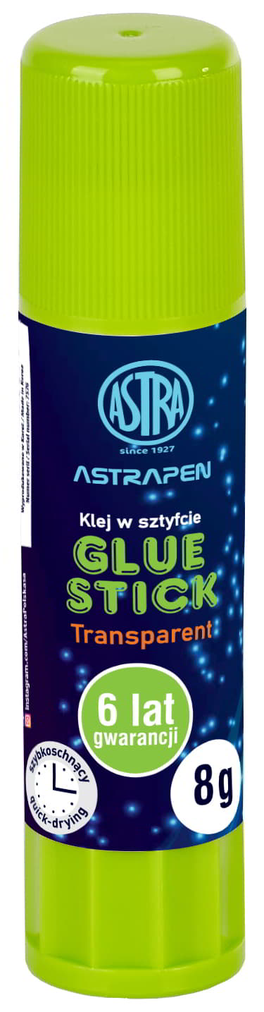 Klej w sztyfcie ASTRAPEN 8g transparentny żółto-zielony z niebieskim opisem opakowania