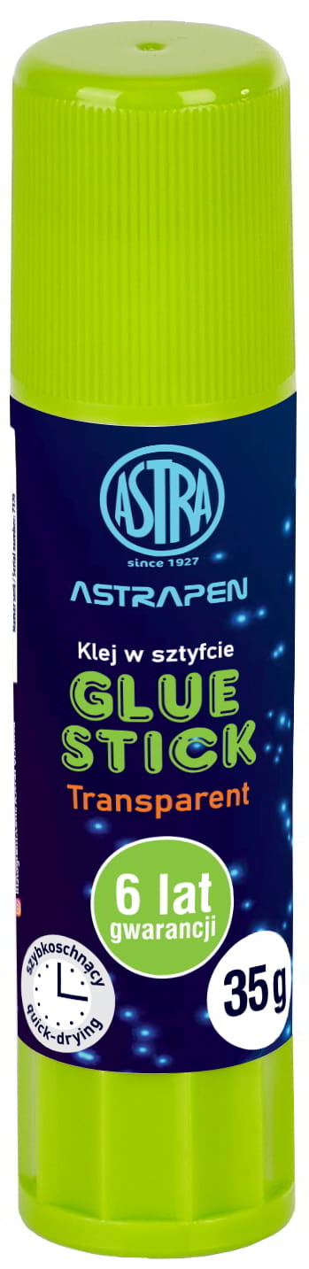 Klej w sztyfcie 35gTransp. ASTRAPENASTRA Klej w sztyfcie ASTRAPEN 35g transparentny, zielony słoik z opakowaniem.