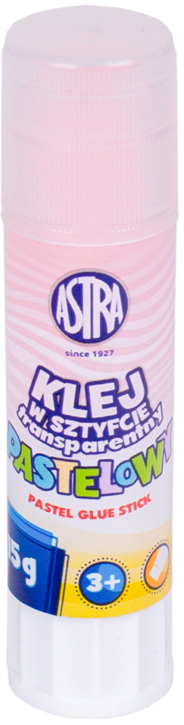 Klej transparentny pastelowy ASTRA 15g w sztyfcie z różową nakrętką.