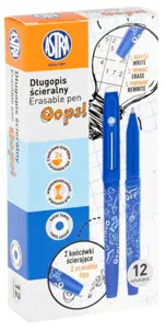 Długopis ścieralny OOPS!-niebieski box 1ASTRA Długopis ścieralny z wymiennym wkładem, dodatkową zaletą jest gumowy grip. Grubość lini pisania: 0,5mm. Długość długopisu: 14,5 cm. Opakowanie zawiera 12szt.