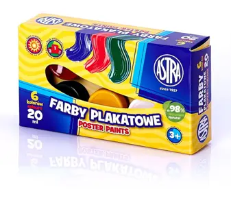 Farby plakatowe 20ml- 6 kolorówASTRA Farby plakatowe do malowania na papierze, kartonie, drewnie, nieglazurowanej ceramice i kamieniu. Są niezwykle wydajne i cechują się soczystymi i niezwykle intensywnymi barwami. Opakowanie zawiera 6 kolorów x 20ml.