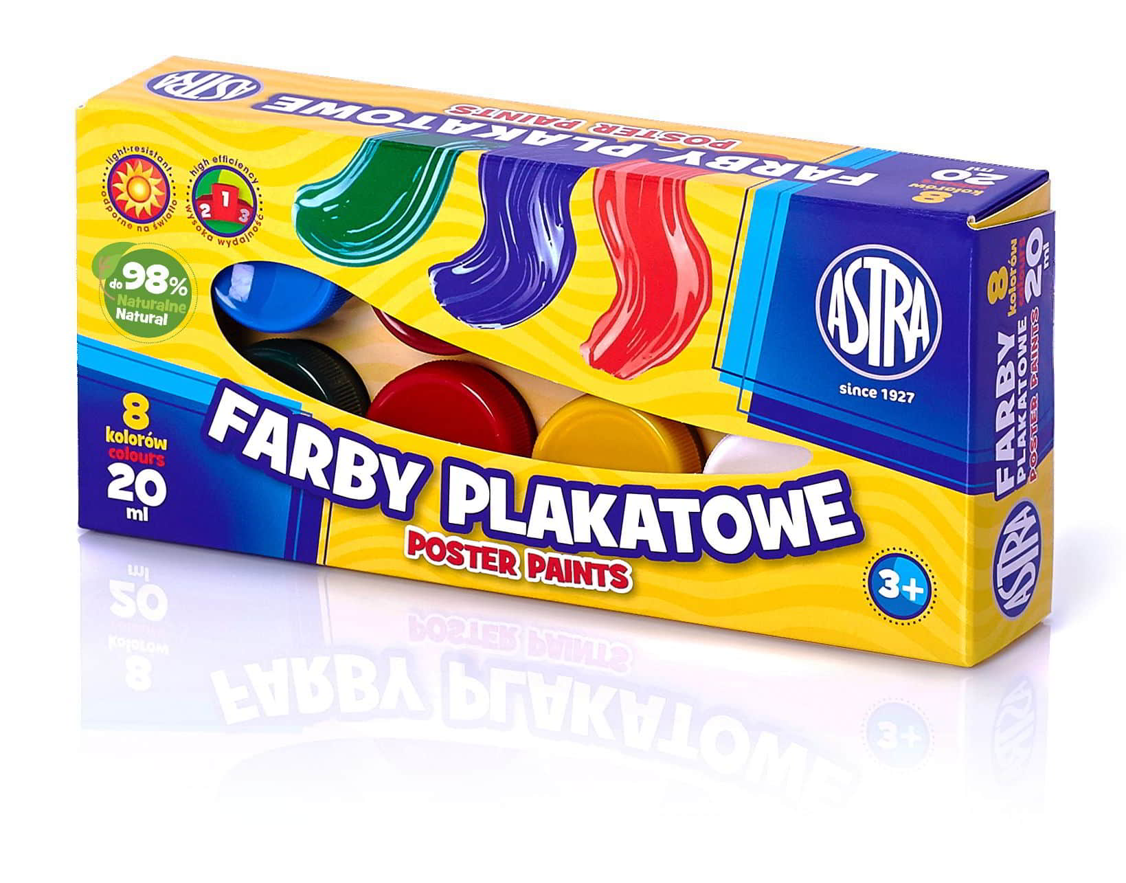 Farby plakatowe 20ml- 8 kolorówASTRA Farby plakatowe ASTRA 8 kolorów po 20ml w opakowaniu z przykładami kolorów i pędzlem