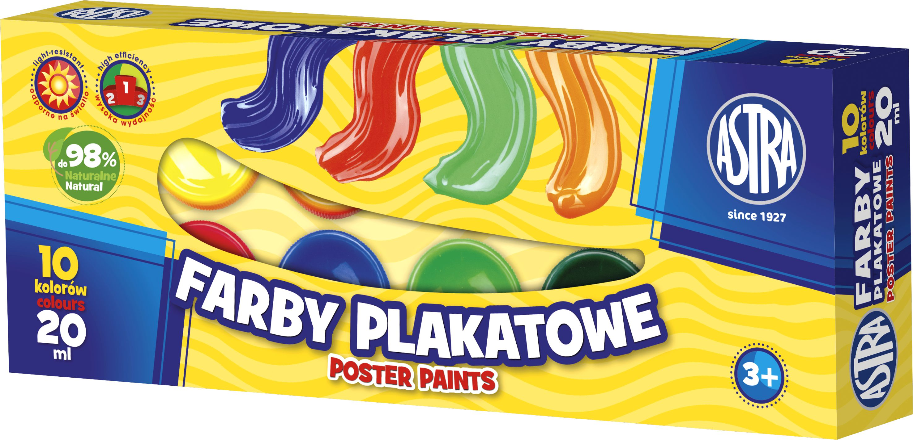 Farby plakatowe ASTRA 10 kolorów po 20ml w opakowaniu z kolorowymi plamami na żółtym tle.
