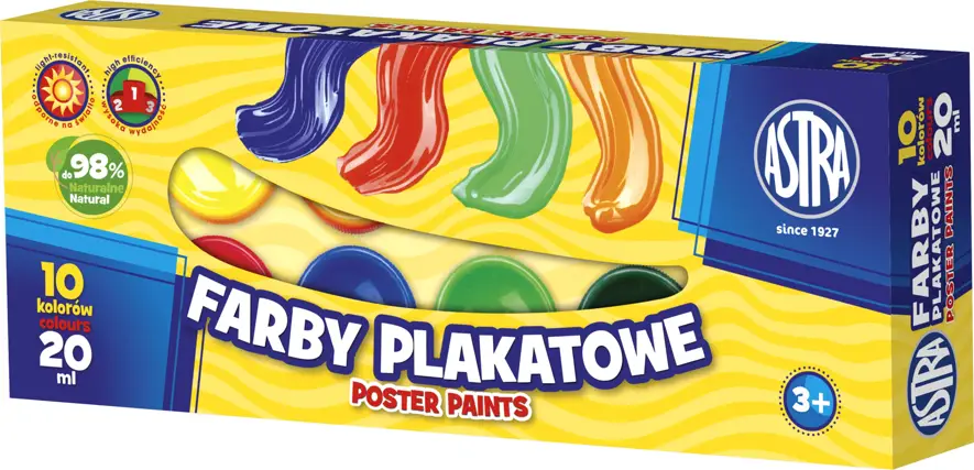 Farby plakatowe 20ml- 10 kolorówASTRA Farby plakatowe do malowania na papierze, kartonie, drewnie, nieglazurowanej ceramice i kamieniu. Są niezwykle wydajne i cechują się soczystymi i niezwykle intensywnymi barwami. Opakowanie zawiera 10 kolorów x 20ml.