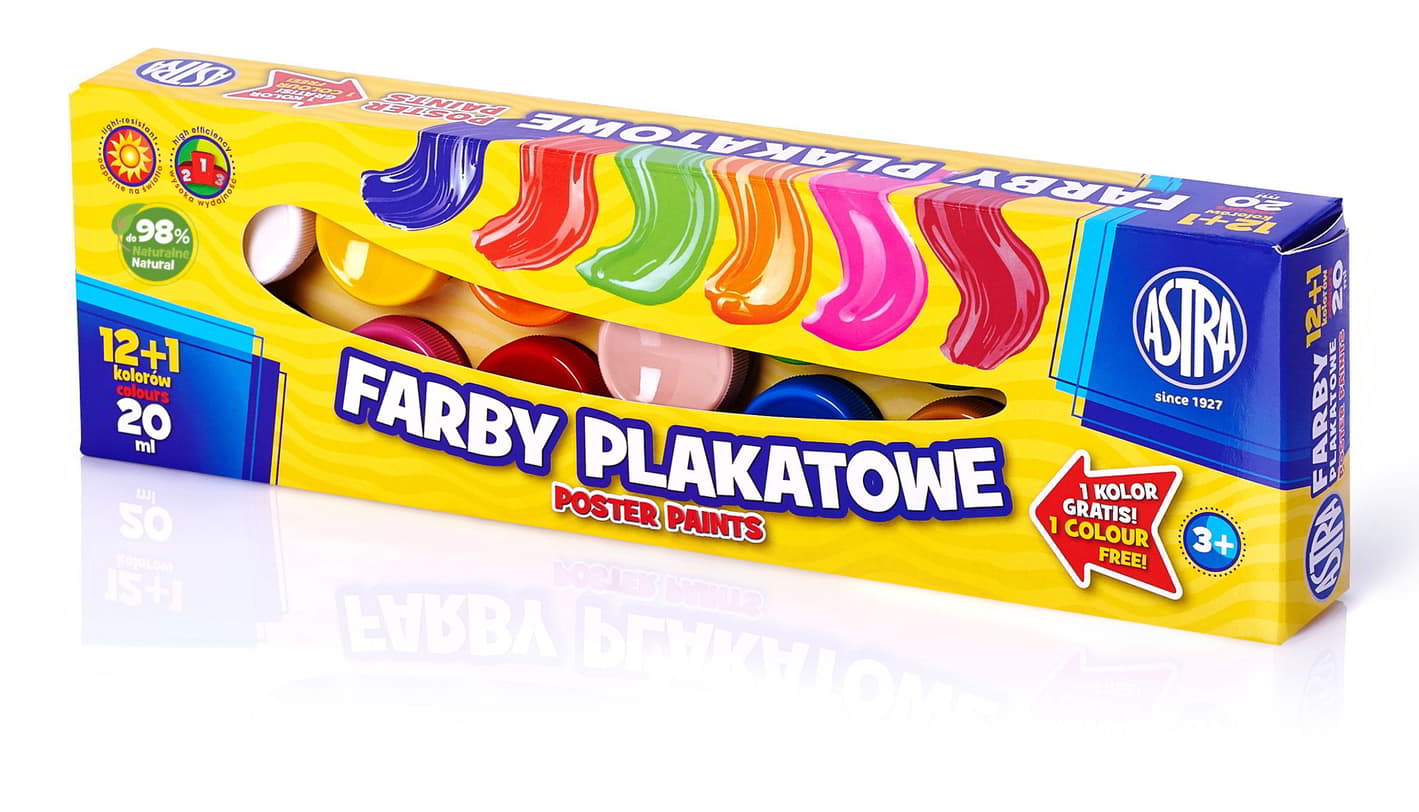 Farby plakatowe Astra 20ml zestaw 12+1 kolorów w opakowaniu pudełkowym