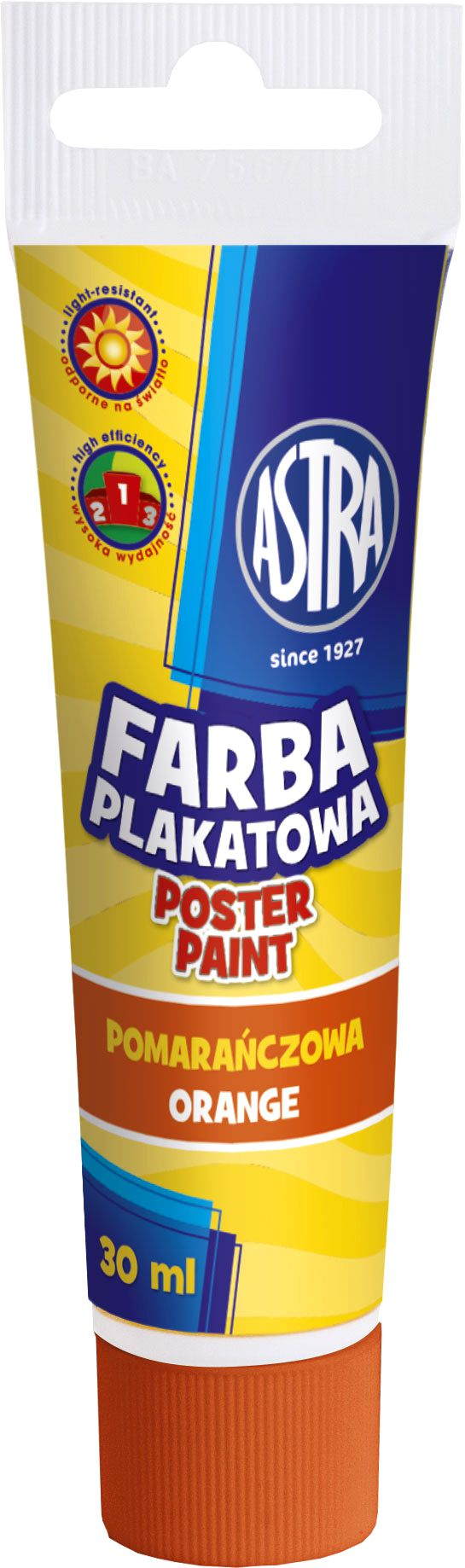 Farba plakatowa ASTRA pomarańczowa w tubie 30 ml, wodorozcieńczalna do malowania na papierze i kartonie.