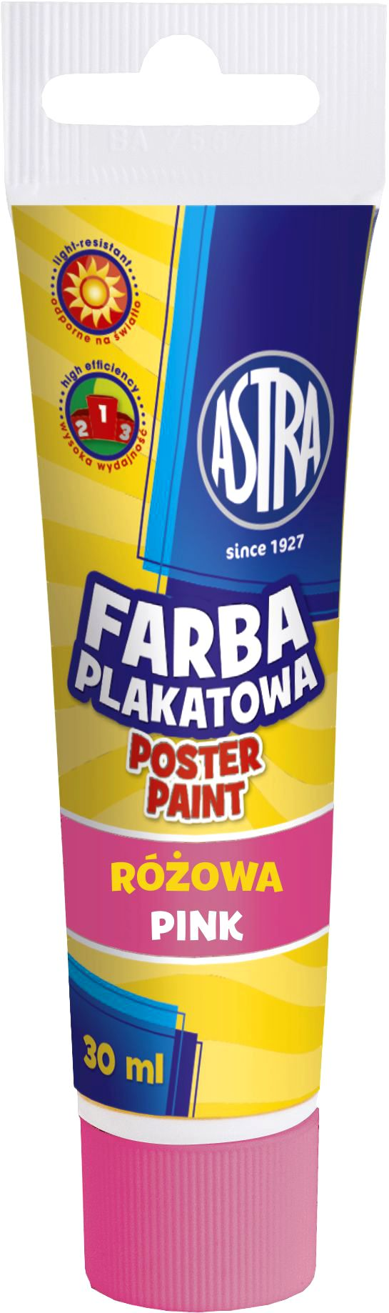 Farba plakatowa tuba 30 ml-różowaASTRA Farba plakatowa różowa w tubie do malowania na papierze, kartonie, drewnie, nieglazurowanej ceramice i kamieniu. Wodorozcieńczalne farby kryjące są niezwykle wydajne. Składają się w 98% z naturalnych składników i są odporne na działanie światła i ścier...