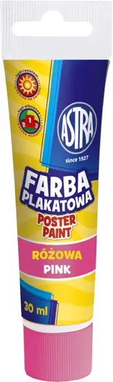 Farba plakatowa tuba 30 ml-różowaASTRA Farba plakatowa różowa w tubie do malowania na papierze, kartonie, drewnie, nieglazurowanej ceramice i kamieniu. Wodorozcieńczalne farby kryjące są niezwykle wydajne. Składają się w 98% z naturalnych składników i są odporne na działanie światła i ścier...