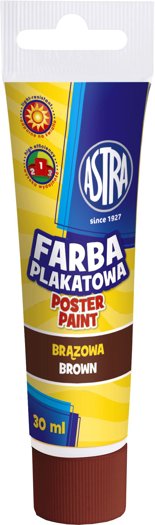Farba plakatowa ASTRA brązowa 30 ml w tubie, wodorozcieńczalna do papieru i kartonu.