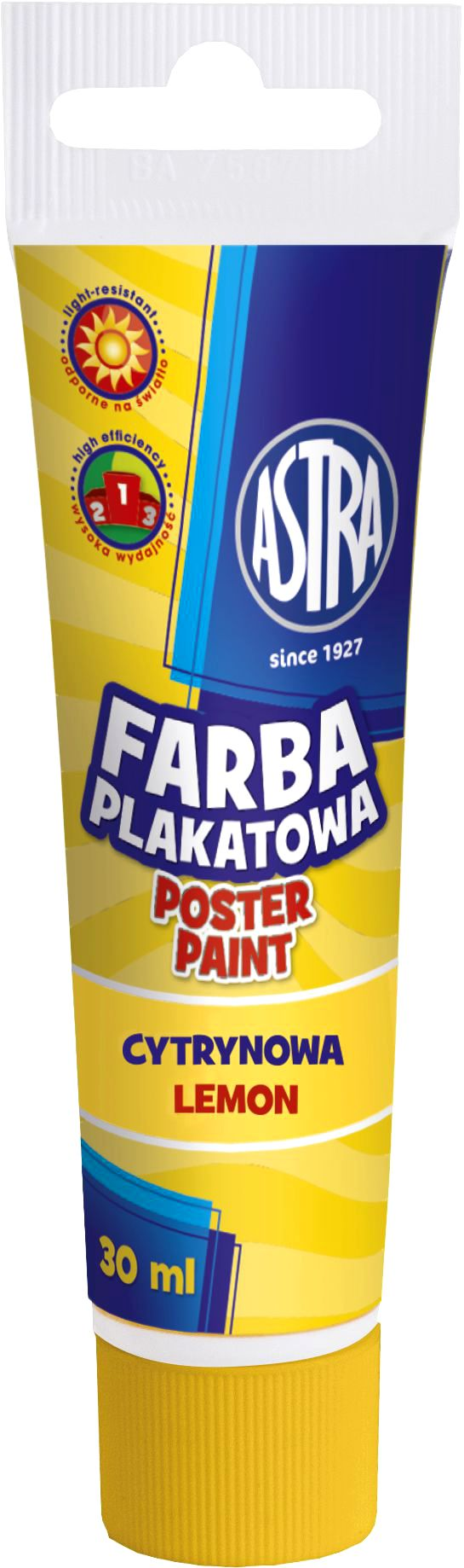 Farba plakatowa tuba 30 ml-cytrynowaASTRA Farba plakatowa ASTRA cytrynowa w tubie 30 ml, żółta, do malowania na papierze i kartonie.