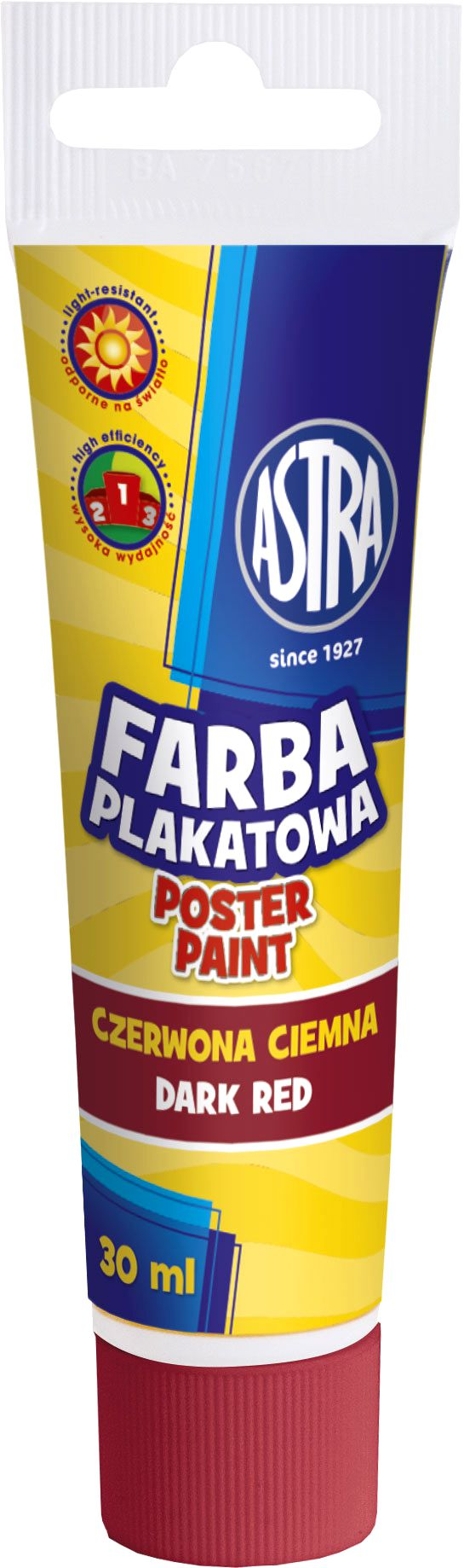 Farba plakatowa tuba 30 ml-czerwona ciemASTRA Farba plakatowa ciemna czerwona w tubie do malowania na papierze, kartonie, drewnie, nieglazurowanej ceramice i kamieniu. Wodorozcieńczalne farby kryjące są niezwykle wydajne. Składają się w 98% z naturalnych składników i są odporne na działanie światł...