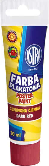 Farba plakatowa tuba 30 ml-czerwona ciemASTRA Farba plakatowa ciemna czerwona w tubie do malowania na papierze, kartonie, drewnie, nieglazurowanej ceramice i kamieniu. Wodorozcieńczalne farby kryjące są niezwykle wydajne. Składają się w 98% z naturalnych składników i są odporne na działanie światł...