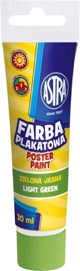 Farba plakatowa tuba 30 ml-jasna zieleńASTRA Farba plakatowa zielona jasna w tubie do malowania na papierze, kartonie, drewnie, nieglazurowanej ceramice i kamieniu. Wodorozcieńczalne farby kryjące są niezwykle wydajne. Składają się w 98% z naturalnych składników i są odporne na działanie światła ...
