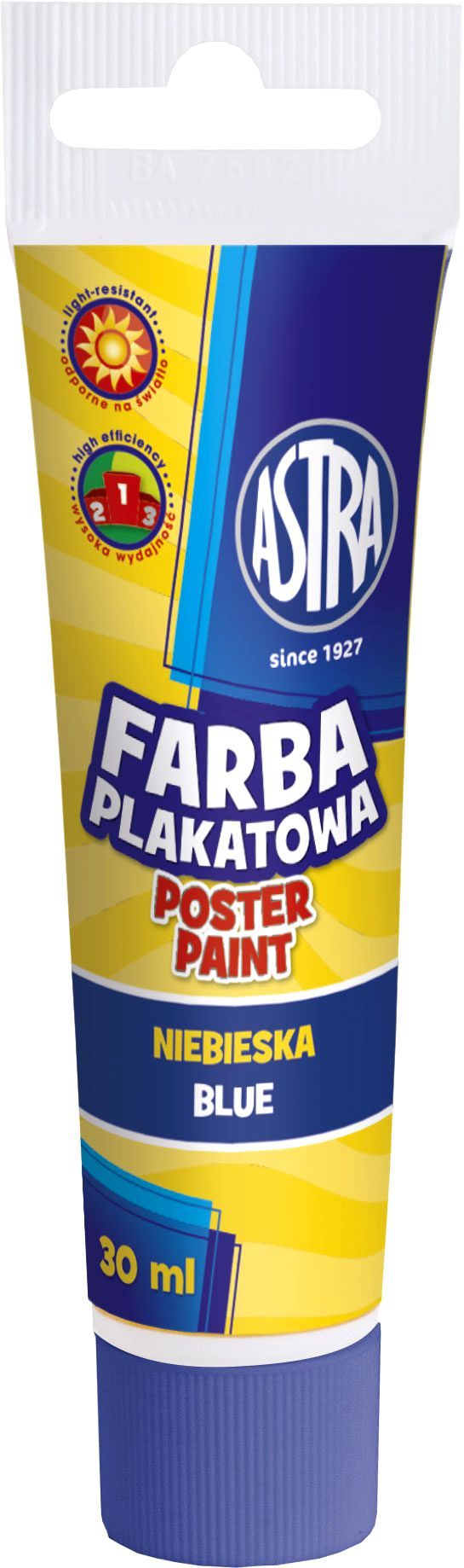 Farba plakatowa tuba 30 ml-niebieskaASTRA Farba plakatowa ASTRA niebieska w tubie 30 ml, wodorozcieńczalna do papieru i kartonu.