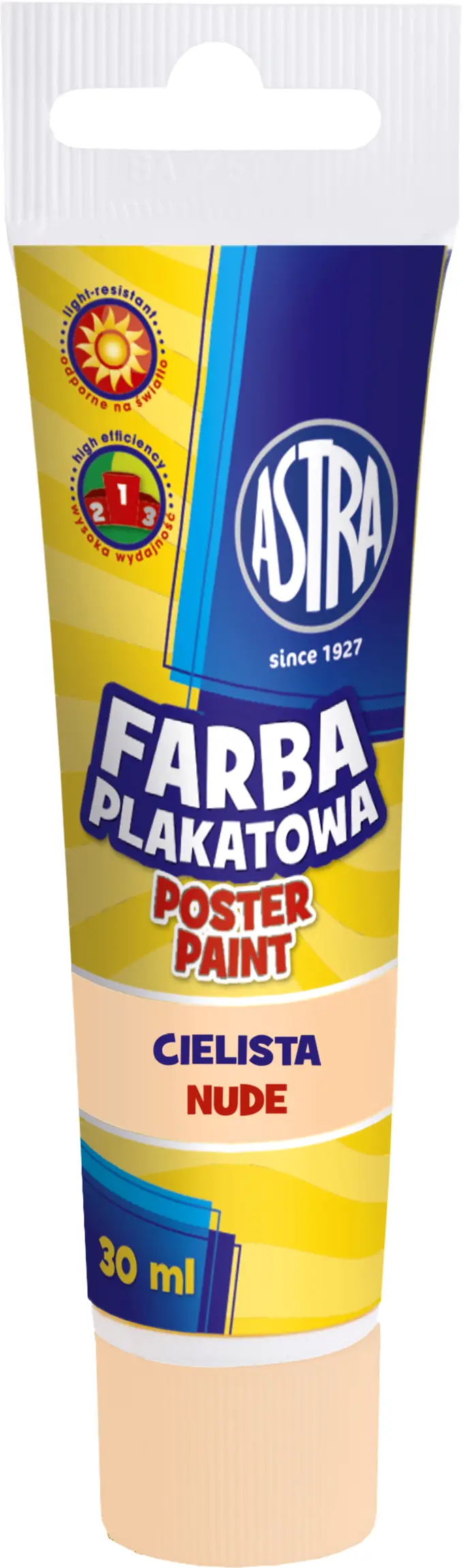 Farba plakatowa tuba 30 ml-cielistaASTRA Farba plakatowa cielista w tubie do malowania na papierze, kartonie, drewnie, nieglazurowanej ceramice i kamieniu. Wodorozcieńczalne farby kryjące są niezwykle wydajne. Składają się w 98% z naturalnych składników i są odporne na działanie światła i ści...