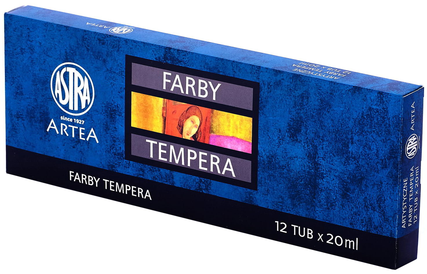 Farby tempera Astra 12 kolorów po 20ml w tubach, opakowanie niebieskie z próbkami kolorów