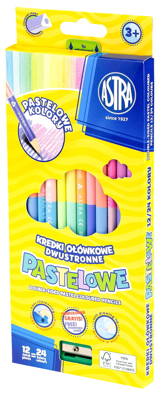 Kredki Ołówkowe trójkątne 12=24 kol Dwustronne PASTELOWE ASTRA Kredki pastelowe okrągłe są wygodne w użyciu, między innymi dlatego, że są miękkie i bardzo łatwe w temperowaniu. Dzięki temu idealnie nadają się np, do szkicowania nawet drobnych detali. Opakowanie zawiera: 12 = 24 pastelowych kolorów.